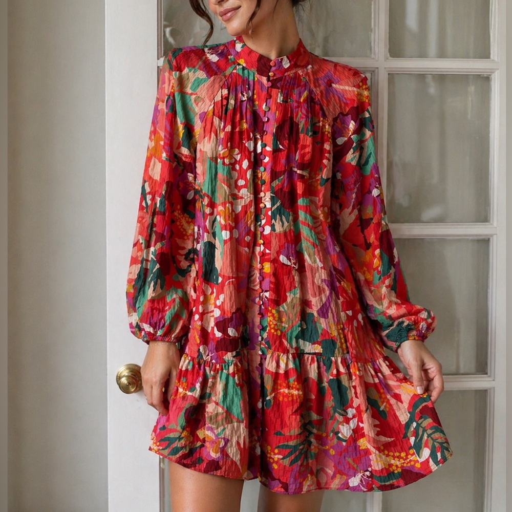 ANTONIO MELANI Red Floral Button-Front Dress